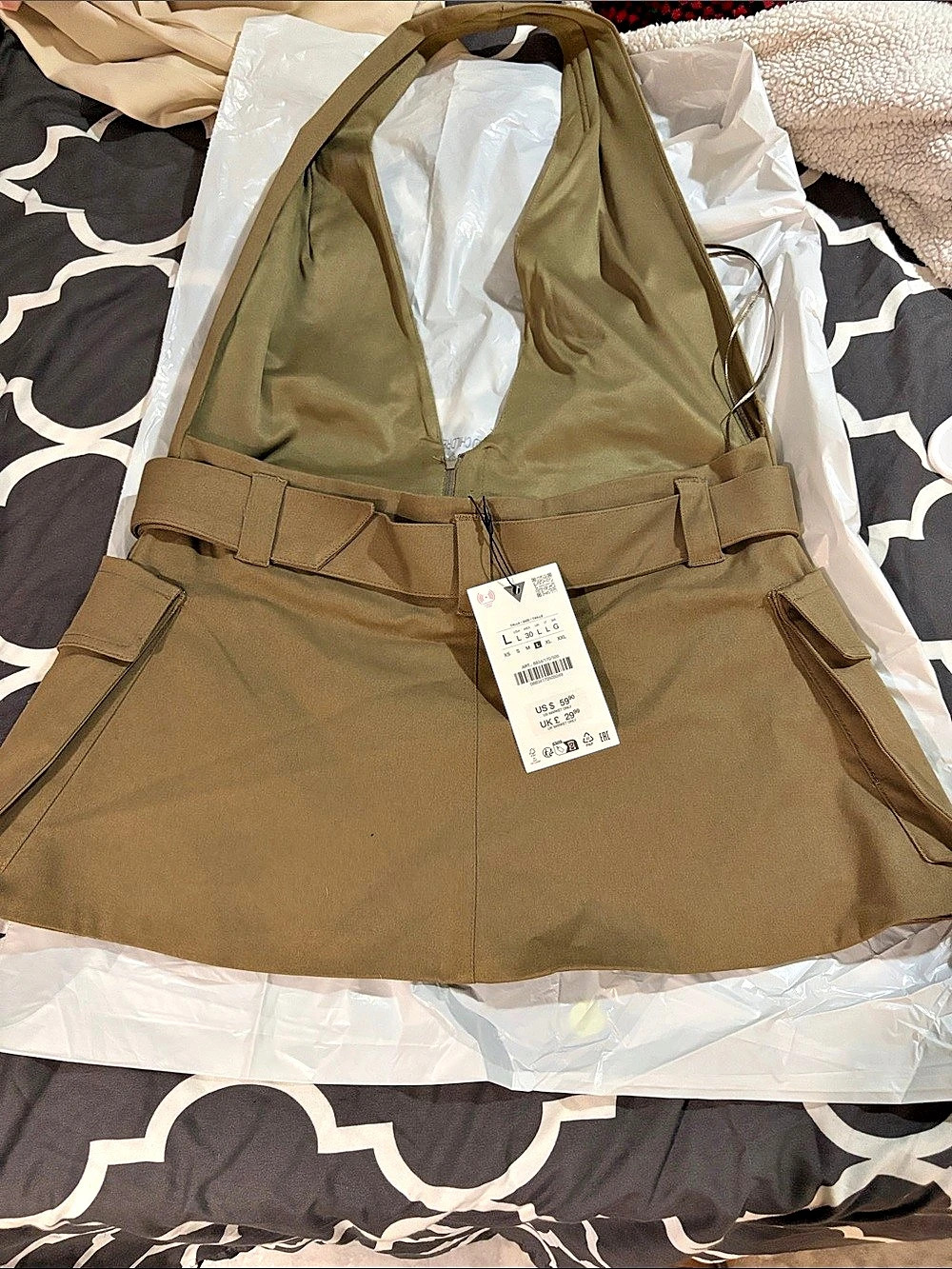 Zara Pocket Halter Top Utility Mini Dress Brown Size Large NWT